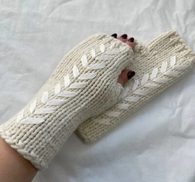 Mittens Gloves Hand Knit Wool Fingerless Gloves Ivory color Winter Gift - Image 1 of 4