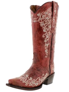 Womens Red Western Boots Cowboy Dress Leather Floral Embroidered Snip Toe - Picture 1 of 6