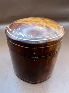 VINTAGE Italian Brown Canister Shaped Leather Box - Picture 1 of 7