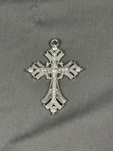 Silvery Gothic Religious Cross Pendant Necklace with Clear Crystal Rhinestones - Picture 1 of 5