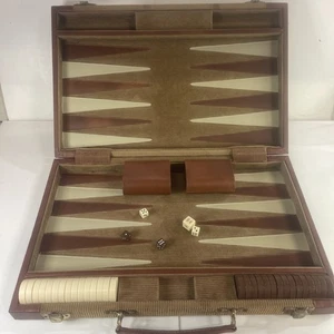 Backgammon Game Set Brown Vinyl Briefcase No Instructions Vintage Brown White - Picture 1 of 9