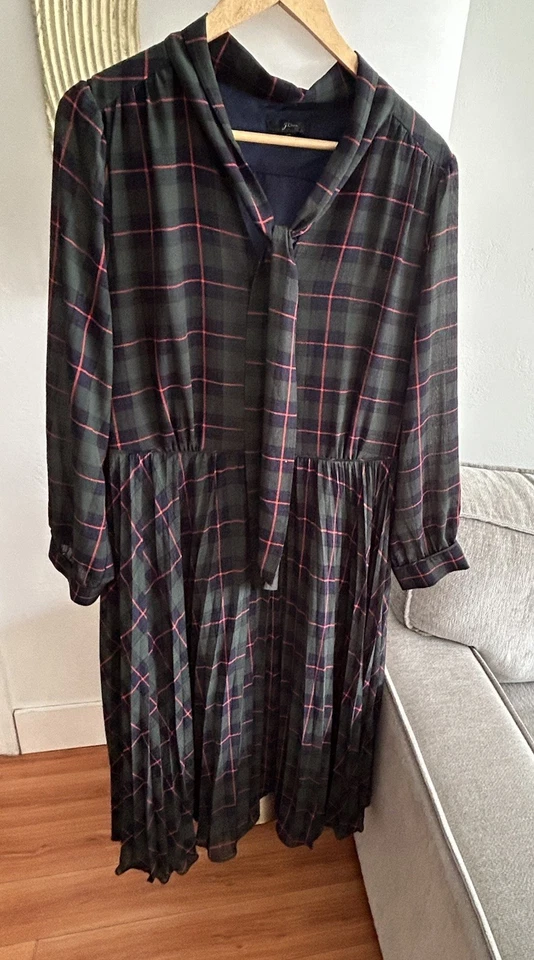 Vestido midi J.CREW verde plissado xadrez gola redonda feriados preppy tartan tamanho 16 - Imagem 1 de 4