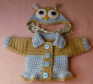 Doll Clothes Outfit, Crocheted Sweater, LB Owl Sweater & Hat Fits 14.5" Doll - Picture 1 of 6