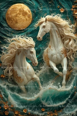SEA HORSES MOON ART PRINT, Magical Wall Decor, Fantasy Mustang Poster Photo C829 - Image 1 of 2