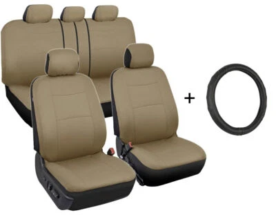 Fundas de asiento de coche delanteras/traseras + cubierta de volante de cuero de microfibra beige tostado Foto 1 de 4