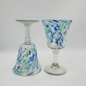Set Of 2 Confetti Hand Blown Glass Wine Goblet Water Blue Clear Vintage Mexican - Picture 1 of 10