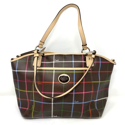 COACH Women Purse Brown Multicolor Plaid Peyton Tattersall Shoulder Tote - Image 1 of 4