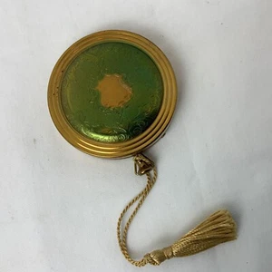 Vintage Zell Fifth Avenue Makeup Mirror Compact Green Gold Tone Original Tassel - Picture 1 of 12