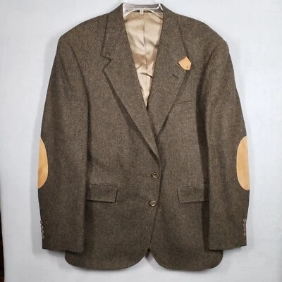 Mens Wool Tweed Jacket Suede Elbow Patch 2 Button Blazer 43L Vintage Evan-Picone - Image 1 of 4