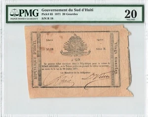 HAITI 20 Gourdes 1871, P-65, Rarely Seen Type Note, PMG 20 VF Very Fine - Picture 1 of 2
