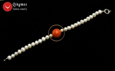 Pulseras de perlas blancas naturales para mujer con pulsera de coral naranja de 14 mm bra454 Foto 1 de 4