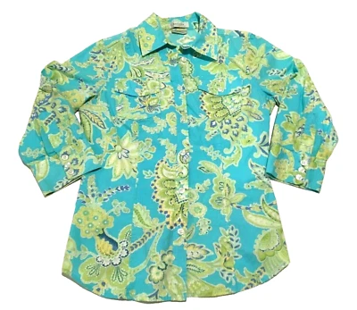 Camisa Van Heusen Feminina XS Azul Verde Paisley Botão Manga 3/4 Floral - Imagem 1 de 4