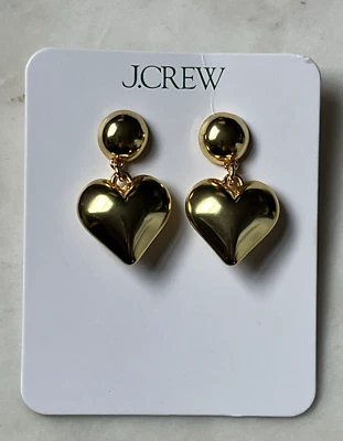 J Crew Heart Drop Earrings in Shiny Matte Gold Puffy Statement Jewelry - Image 1 of 4