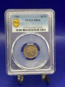1881 3 CENT NICKEL GRADED PROOF 64 BY PCGS , MINTAGE OF ONLY 3,575! - Picture 1 of 16