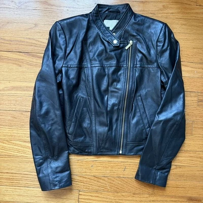 Michael Kors женщин черный ягненок кожи Moto куртка золото молнии новый с Ярлыками размер большой - Изображение 1 из 4