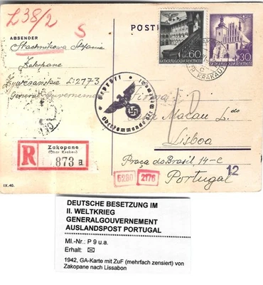 WW2 WWII German Third Reich used postcard  GG   1940 registered to Portugal - Image 1 of 2