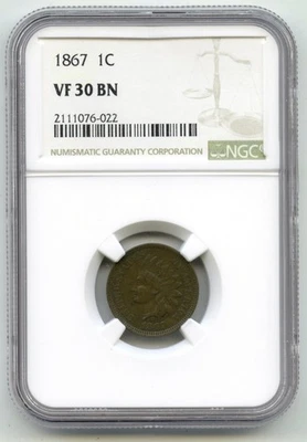 1867 Indian Head Cent Penny NGC VF 30 BN Certified - P676 - Image 1 of 2