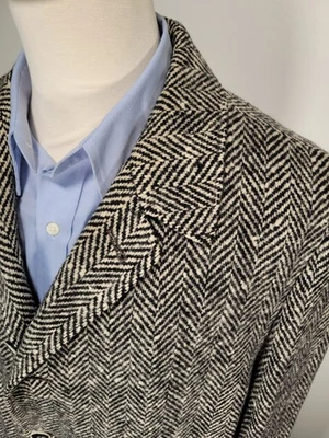 Vintage Hirsch Chunky Tweed Herringbone Overcoat 48 Petrified Wood Buttons - Image 1 of 4