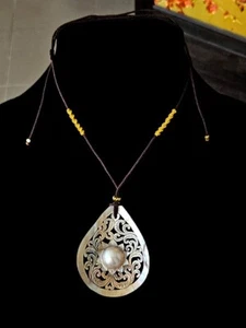 Mabe Pearl Carved Lacy Pear Shape Pendant - Adjustable Necklace - Picture 1 of 6