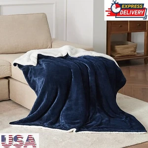 Sherpa Fleece Throw Blanket Soft & Warm Luxurious Flannel Navy Blue 50x60 Inches - Picture 1 of 8
