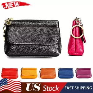 Womens Genuine Leather Small Coin Holder Change Purse Zipper Key Card Wallet - Picture 1 of 19