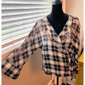 Zara Trefeluc wrap plaid w/ floral embroidery detail blouse w/ bell sleeves. S - Picture 1 of 10