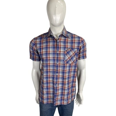 VINTAGE 70s Big Dagger Pointy Collar Checked Shirt M Tartan Blue Red Check 1970s - Image 1 of 4