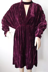 BIBA Crushed Velvet Dress Dolman Ruched Sleeve Deep Purple Knee Length Size 12 - Picture 1 of 23