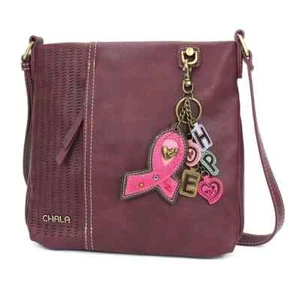 New Chala LASER CUT Crossbody Bag Plum Purple Key Chain PINK RIBBON Cancer Donat - Picture 1 of 6
