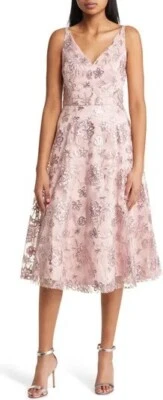 ELIZA J Pink Floral Sequin Embellished V-Neck Flare Midi Cocktail Dress 8 = M - Image 1 of 4