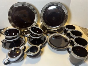 Vintage braune & weiße Tropfglasur Keramik komplettes Abendessen Set für 4 - Made in Japan - Bild 1 von 17