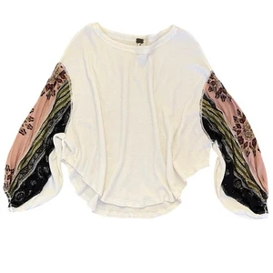 We the Free Blossom Thermal Top Size XS Ivory Patchwork Sleeve Boho Waffle Knit - Picture 1 of 11
