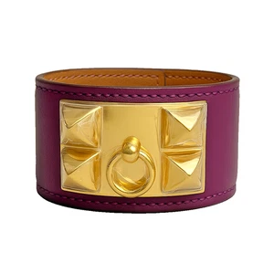 NEW HERMES Leather Collier de Chien Bracelet Adjustable PM Anemone Gold Studs - Picture 1 of 24