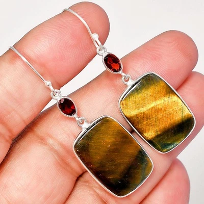 Natural Blue Tiger Eye & Garnet 925 Sterling Silver Earrings Jewelry E-1002 - Image 1 of 4
