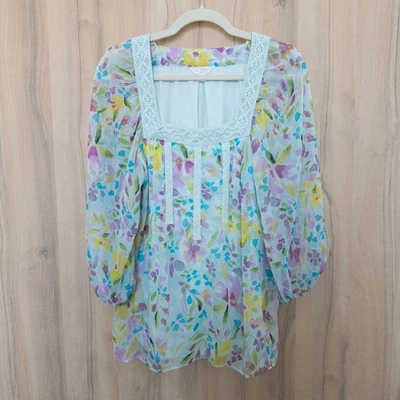 Lauren Conrad Floral Blouse Size L Square Neck Puff Sleeve Boho Pastel Cottage - Image 1 of 4