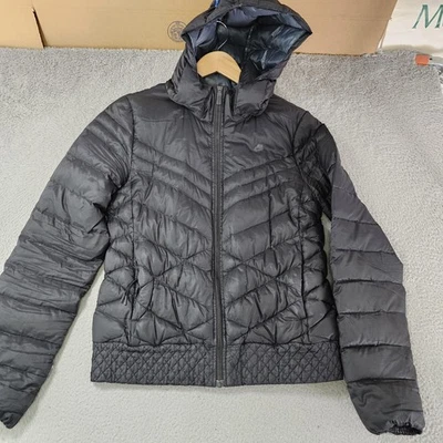 Nike Down Puffer Jacket Womens Medium Black Hooded Quilted Zip 535441-010 - Image 1 of 4