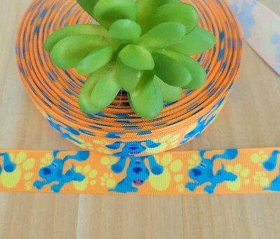 7/8" (1 YD) Blues Clues Grosgrain Ribbon Blue Dog Puppy Paw Print Hair Bow Craft - Image 1 of 2