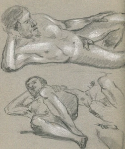 Antique Old Pencil Drawing Original Nude Man Sitting Down 1901 - Picture 1 of 8