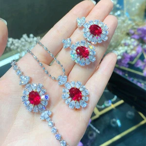 Juego de 3 piezas Dije Granate Rojo Piedras Preciosas Plata Lujo Mujeres Pulsera Collar Pendientes - Imagen 1 de 6