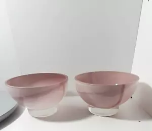 Retro Art Glass Bowls Pink with Swirls Clear Thick Footed Base Set Of 2 - Picture 1 of 16
