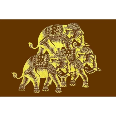 Thai Silk Art 3Gold Elephant Wall Decor Dark Red Handmade Painting From Thailand - Image 1 of 3
