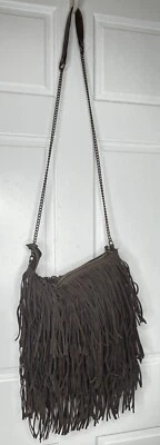 Camiseta e bolsa jeans média marrom franja couro sintético boho tiracolo bolsa hippie - Imagem 1 de 4