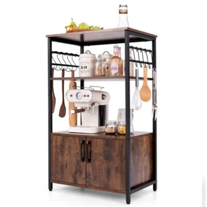3-Tier Kitchen Baker's Rack 2 Door Cabinet 10 S-Shaped Hook 2 Open Storage Shelf - Picture 1 of 10