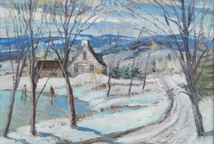 Sydney Berne 1921-2013 Canadian Artist Quebec Winter Farm Skating Oil Painting - Bild 1 von 8