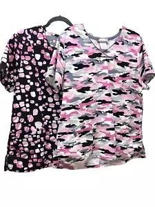 Lot 2 Pink ScrubStar Top M Camo Leopard Print Short Sleeve Nurse Tech Uniform - Picture 1 of 15