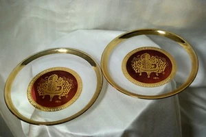 2-Vtg Mid Century Cera Glass Plates Gilt Trim & Fruits 8" Ruby Stained-Minty - Picture 1 of 4