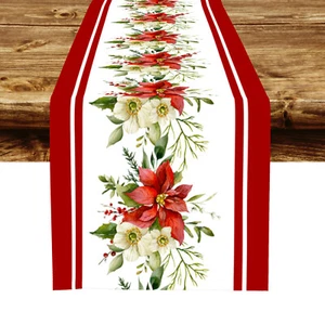 Xmas Green Leaf Red Floral Table Runner Kitchen Dining Coffee Table Decoration - Picture 1 of 5