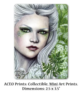 ACEO LE PRINTS Hemlock Poison Flowers Portrait White Green Fairy wc - Imagen 1 de 3