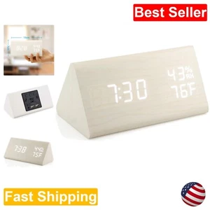 Voice-Activated Wooden Alarm Clock with Modern Design and USB Charging - Picture 1 of 9