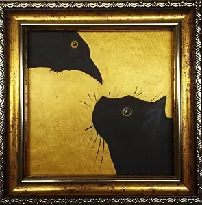 Cat Crow Painting Original Oil Painting Raven Wall Art Golden Painting Framed - Picture 1 of 9